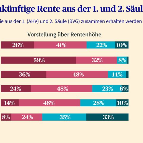 Balkendiagramm zur Vorstellung über Rentenhöhe nach Altersgruppen, zeigt geringe bis keine Kenntnisse der Rentenhöhe in der Bevölkerung.