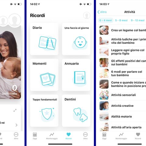 Schermata di un'app di monitoraggio del bambino con tre visualizzazioni: Panoramica giornaliera, promemoria con icone e un elenco di attività per lo sviluppo del bambino.