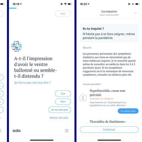 Tre schermate di un'app medica con domande sui sintomi e sulle possibili diagnosi, tra cui stitichezza e ipotiroidismo.