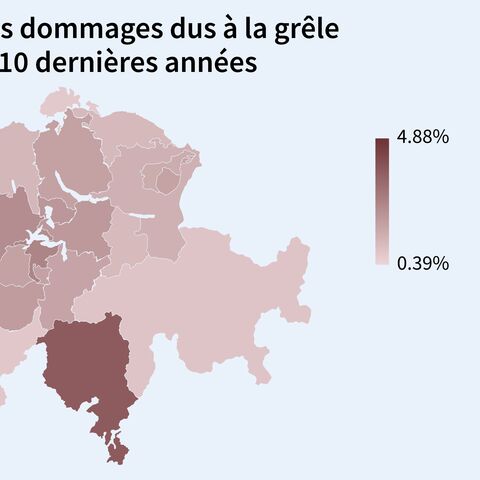 La carte de la Suisse montre la fréquence des dommages dus à la grêle sur les dix dernières années, avec une échelle de couleur allant de 0,39% (clair) à 4,88% (foncé).
