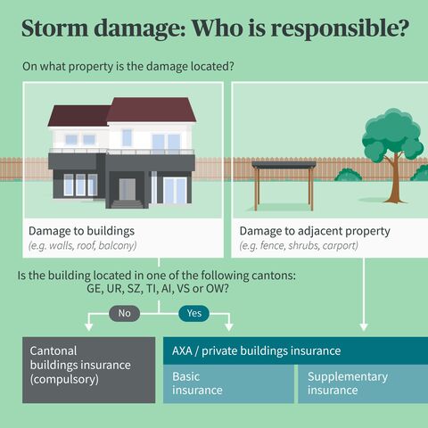 Infographic on responsibility for storm damage: damage to buildings (e.g. roof) or surrounding areas (e.g. fence) and their insurance cover.