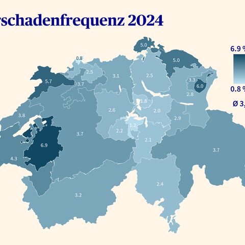 Eine farbkodierte Karte der Schweiz zeigt die Anzahl der gemeldeten Wildunfälle im Jahr 2024 nach Kanton.