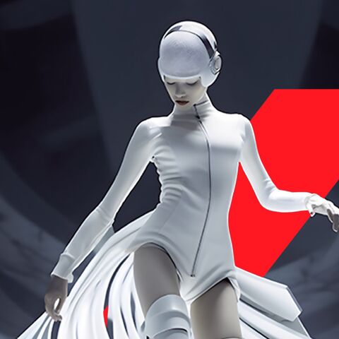 Eine futuristisch gekleidete Figur in Weiss mit Kopfhörern vor einem dunklen Hintergrund und einem roten geometrischen Element.