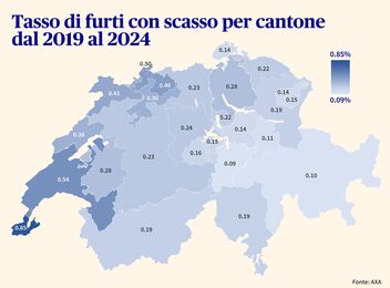 Sulla base di una carta della Svizzera, vengono visualizzate le percentuali di furti con scasso per cantone dal 2019 al 2024.