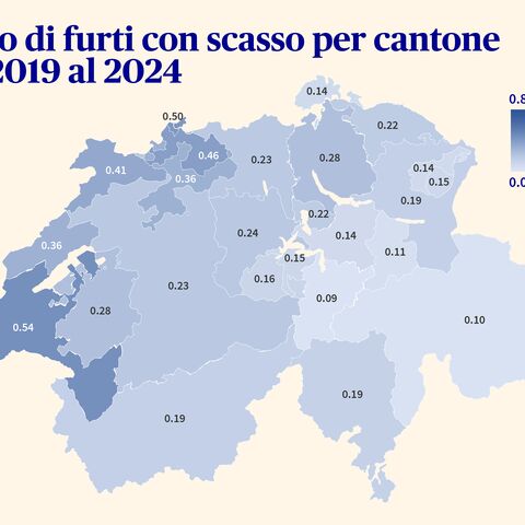 Sulla base di una carta della Svizzera, vengono visualizzate le percentuali di furti con scasso per cantone dal 2019 al 2024.