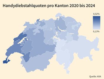 Schweizerkarte mit den Handydiebstahlquoten pro Kanton von 2020 bis 2024.