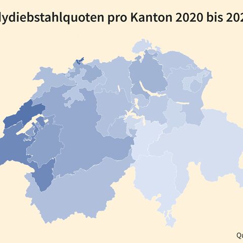 Schweizerkarte mit den Handydiebstahlquoten pro Kanton von 2020 bis 2024
