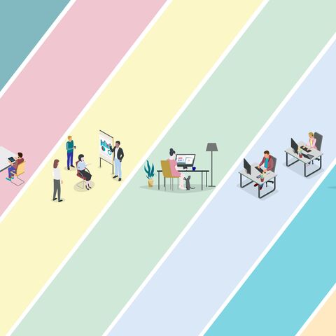 Illustration von Menschen bei verschiedenen Arbeitsaktivitäten: Besprechungen, Präsentationen, Computerarbeit, Teamarbeit, Couch-Arbeit und Schreibtischarbeit.