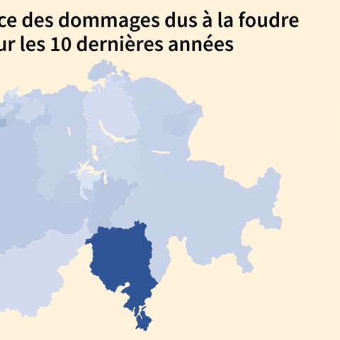 La carte de la Suisse montre la fréquence de la foudre au cours des dix dernières années. Les régions du sud sont plus touchées. Code couleur allant du bleu clair au bleu foncé.