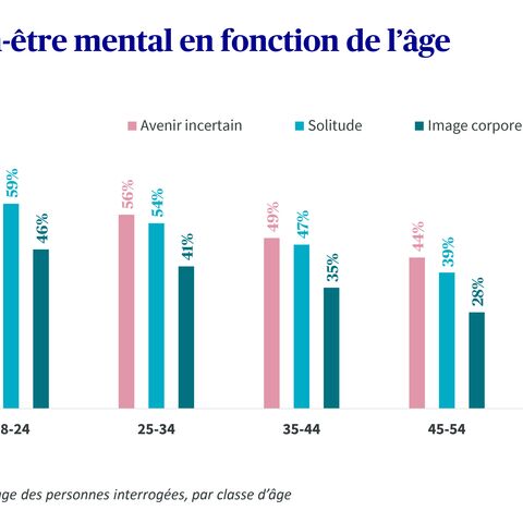Un diagramme à barres montre les différences de bien-être mental selon l’âge, en comparant l’insécurité, la solitude et l’image corporelle négative.
