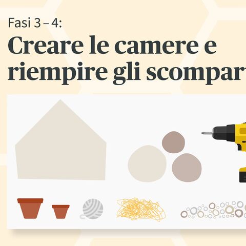 Fase 3-4: creare camere e riempire gli scomparti. Vengono mostrati materiali come vasi di argilla, dischi di legno, paglia e un trapano a batteria.