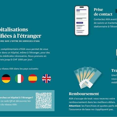 Infographie sur l'assurance maladie à l'étranger : déclaration, traitement, présentation de la facture, remboursement. Les drapeaux des pays et le code QR sont représentés.