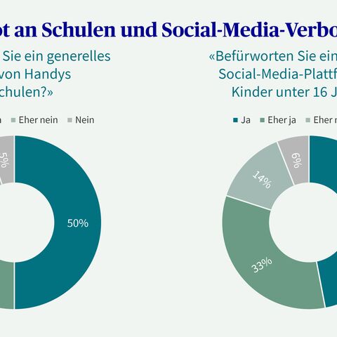 Zwei Kreisdiagramme mit Antworten bezüglich Handyverbot an Schulen und Social-Media-Verbot für Kinder