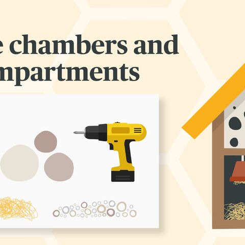 Step 3-4: Create chambers and fill compartments. Materials such as clay pots, wooden disks, straw and a cordless drill are shown.
