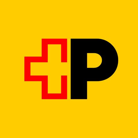 Una croce rossa accanto a una «P» nera su sfondo giallo.