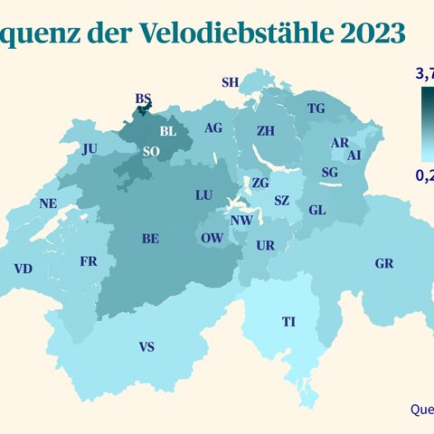 Karte der Schweiz zeigt die Frequenz der Velodiebstähle 2023 nach Kantonen, von 0,27% (hell) bis 3,72% (dunkel),.