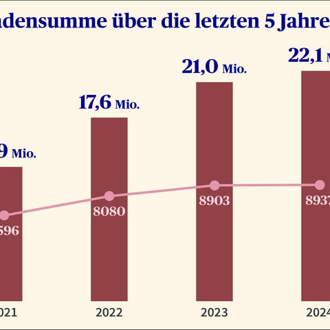 Ein Balkendiagram zeigt den Verlauf der Schadenssumme in CHF und Anzahl Diebstählen zwischen 2020 und 2024.