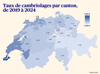 Une carte de Suisse présente les taux de cambriolage par canton de 2019 à 2024.