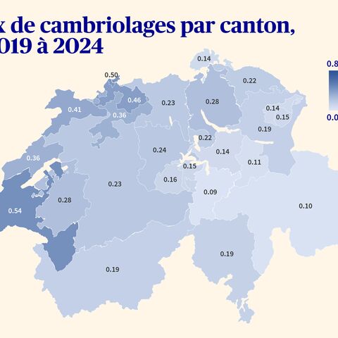 Une carte de Suisse présente les taux de cambriolage par canton de 2019 à 2024.
