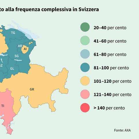 Una cartina della Svizzera mostra le frequenze dei sinistri nei vari cantoni rispetto alla frequenza nazionale in zone codificate a colori che vanno dal 20% a oltre il 140%.