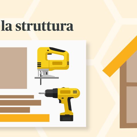 Fase 2: mostra i materiali e gli strumenti, come listelli di legno, seghetto e trapano, per costruire la struttura di una casetta.