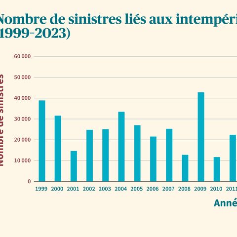 Le diagramme en bâtons montre les fluctuations des sinistres annuels dus aux intempéries chez AXA de 1999 à 2023, avec des pics en 2003, 2007 et 2013.
