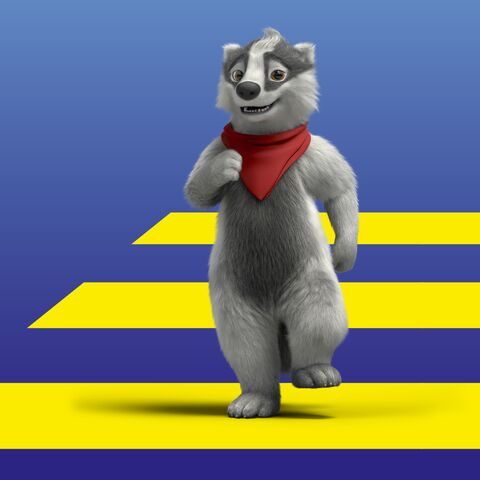 Max the badger on a crosswalk