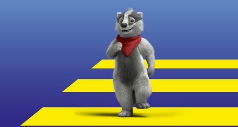 Max the badger on a crosswalk