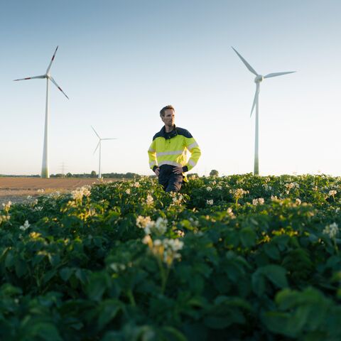 Un homme en tenue de sécurité se tient debout sur un champ en fleurs, à l’arrière-plan il y a plusieurs éoliennes dans un ciel dégagé.