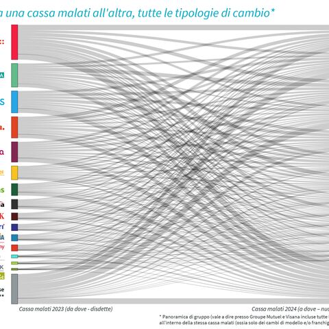 Un diagramma di flusso mostra i passaggi tra diverse casse malati in Svizzera, con la EGK come vincitrice.