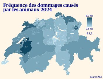 Une carte de la Suisse avec code couleur montre le nombre d’accidents déclarés par canton en 2024.