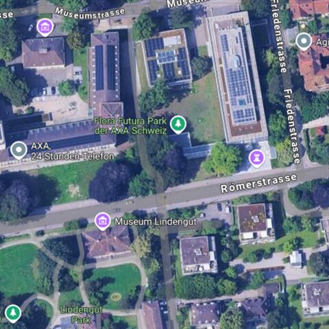 Photo satellite d’un quartier de Winterthour avec l’indication de rues et d’endroits tels que le parc Flora Futura d’AXA.