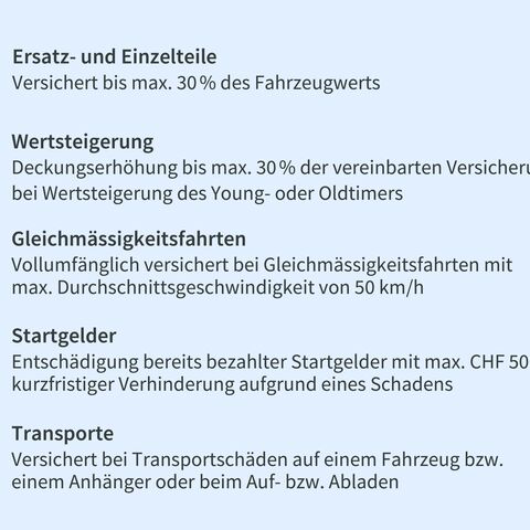 Eine Liste von Versicherungsleistungen mit Icons: Ersatzteile, Wertsteigerung, Gleichmässigkeitsfahrten, Startgelder und Transporte.