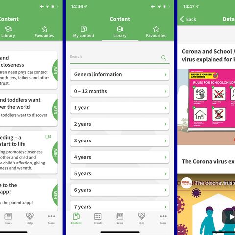 Screenshot of a baby tracking app with three views: Daily overview, reminders with icons and a list of activities for baby development.