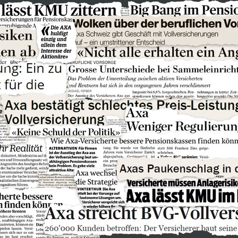 A collage of newspaper clippings shows headlines about insurance, including topics such as risk shifting, pension funds and SME concerns.