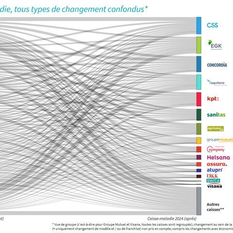 Un organigramme montre les mouvements de changement entre différentes caisses-maladie en Suisse, avec EGK en tête.