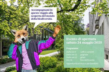 Una volpe con una giacca colorata invita a un viaggio avventuroso nella biodiversità attraverso una bolla vocale. Evento di apertura il 24 maggio.