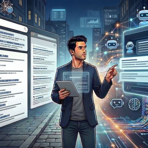 Stockbild zum Thema KI-Sichtbarkeit in einer Comic-Version: Ein Mann steht in einer virtuellen Welt und bedient einen virtuellen Bildschirm