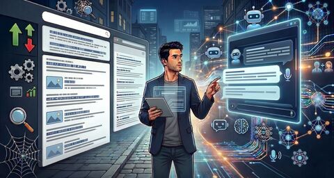 Immagine stock sul tema della visibilità dell'IA in versione fumetto: un uomo si trova in un mondo virtuale e sta utilizzando uno schermo virtuale. 
