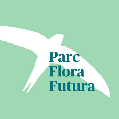 Illustration montrant un oiseau blanc sur un fond vert représentant le parc Flora Futura.