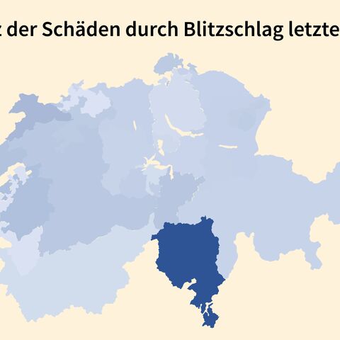 Karte der Schweiz zeigt die Häufigkeit von Blitzeinschlägen in den letzten 10 Jahren, farblich von 0,03% (hell) bis 0,91% (dunkel) abgestuft.