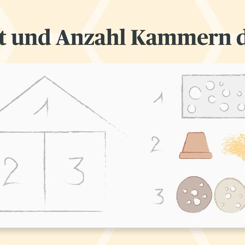 Schritt 1: Ein Diagramm zeigt ein Haus mit drei nummerierten Kammern und verschiedenen Materialien (Ton, Stroh, Holz) zur Befüllung.