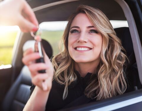 A smiling woman with long hair is sitting in a car and receives a car key from another person through the open window.