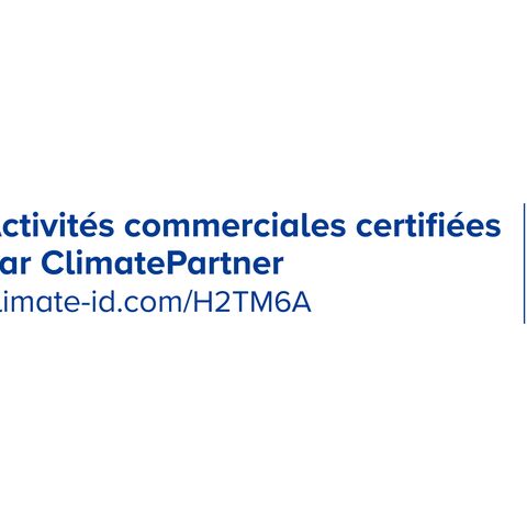 Logo de ClimatePartner avec la mention «entreprise commerciale certifiée», un code QR et le texte «Calculer, réduire, contribuer au CO₂».