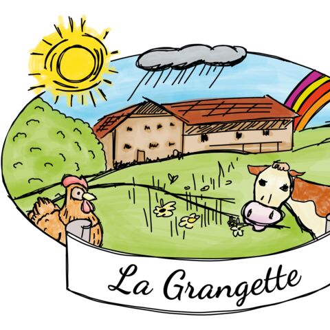 Logo mit Schriftzug "La Grangette", zeigt einen Bauernhof, eine Kuh, eine Henne, Sonne, Regen und einen Regenbogen in einer Ländlichen Szene.