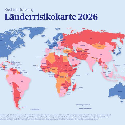 Weltkarte der Kreditversicherungs-Länderrisiken 2024 von AXA, farbcodiert nach Risikostufen: niedrig (grün), mittel (gelb), hoch (rosa), sehr hoch (rot).