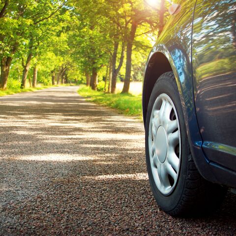Une voiture se trouve dans une allée. À droite et à gauche, il y a des prés et le soleil brille à travers les arbres.