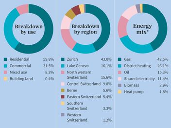 The picture shows three pie charts on the topics of usage distribution, regional distribution and energy mix, each divided by color.