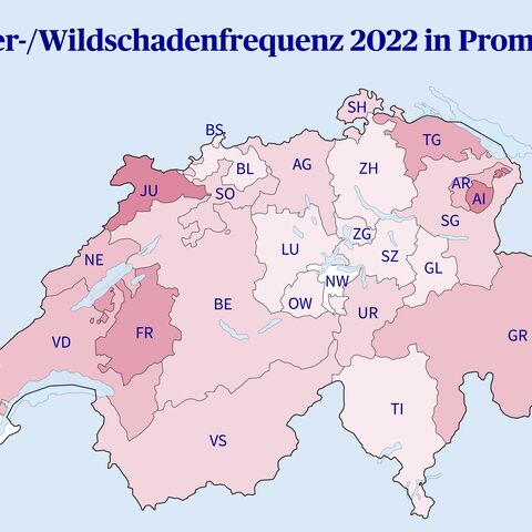Karte der Schweiz zeigt Tier-/Wildschadenfrequenz 2021 in Promille, farblich von <2 bis ≥6 variierend, mit VD, FR und GR am stärksten betroffen.