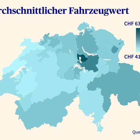 Eine Karte der Schweiz zeigt den durchschnittlichen Fahrzeugwert pro Region in verschiedenen Blautönen, von CHF 41'710 bis CHF 63'157.